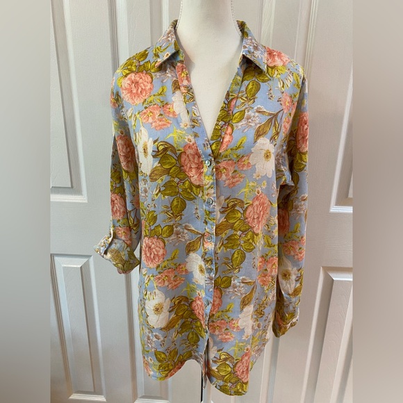 Joie Pastel Floral Linen Roll TaB Button Up Shirt Size M - Picture 1 of 11